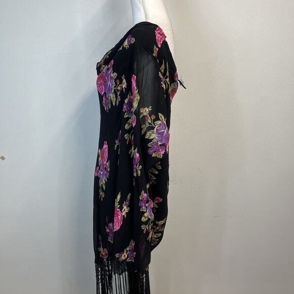 Temptations II Blouse Tunic Plus size 3XL Black Pink Purple Floral Fringe Church - Picture 6 of 8